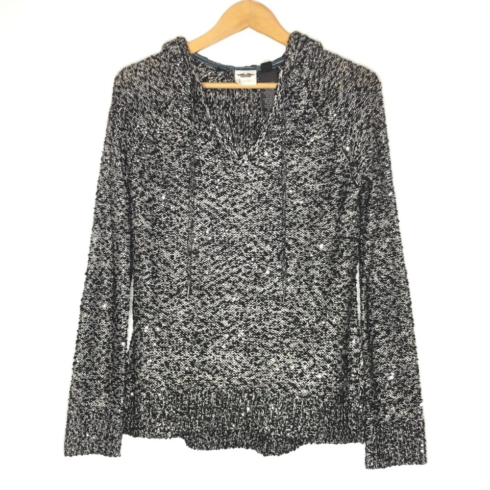 Harley Davidson Womens Black Gray Sequin Hooded Pullover Sweater Spellout Size S